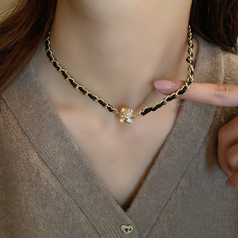 Retro Elegant Leather Winding Chain Diamond Magnetic Necklace