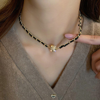 Retro Elegant Leather Winding Chain Diamond Magnetic Necklace