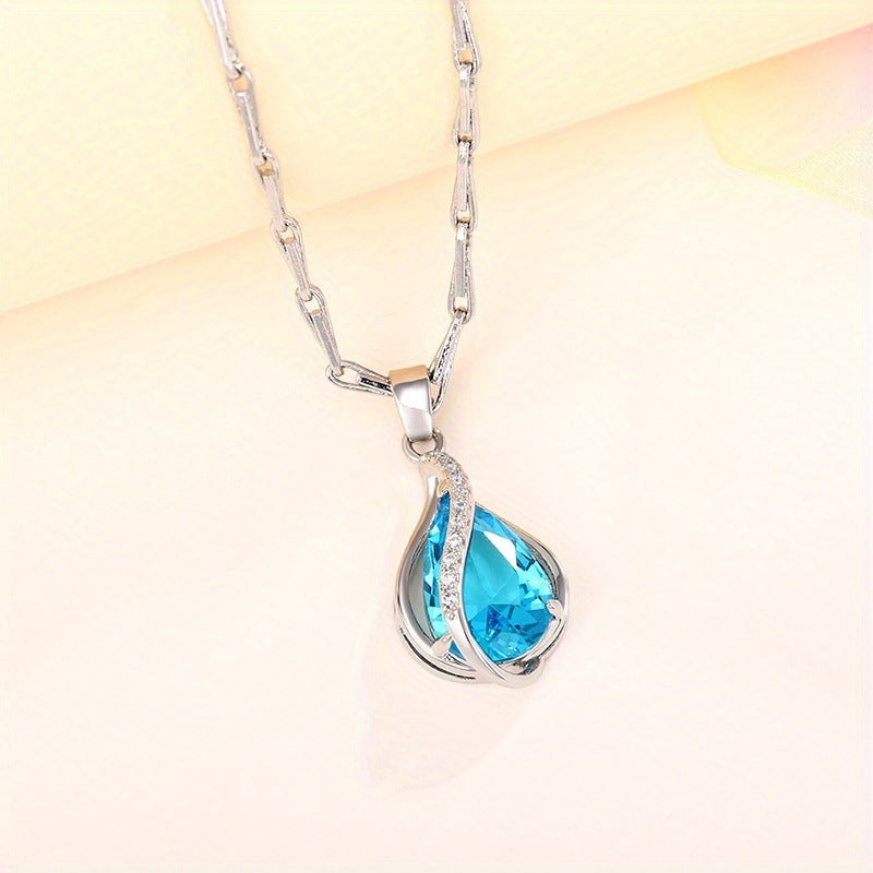 Sea Blue Heart Water Drop Zircon Pendant Clavicle Chain