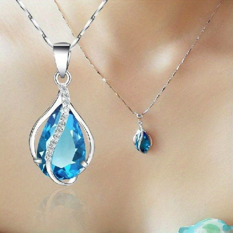Sea Blue Heart Water Drop Zircon Pendant Clavicle Chain