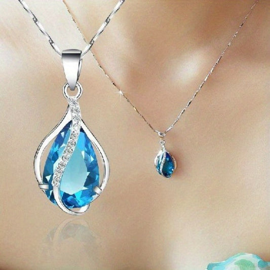 Sea Blue Heart Water Drop Zircon Pendant Clavicle Chain